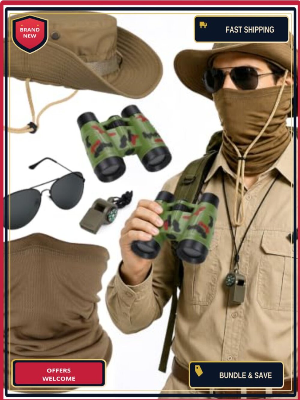 Dreamtop Safari Costume Men's Accessory Set - Hat, Binoculars, Whistle,